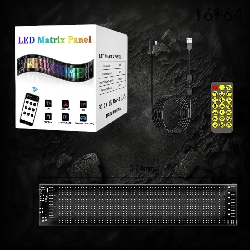 Panneau LED matriciel flexible Veloria 16x64 RGB avec télécommande, câble USB et emballage, affichage personnalisable