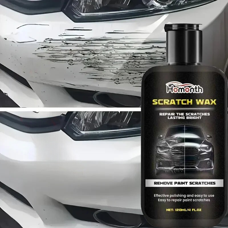 Flacon de polish Veloria pour effacer les micro-rayures sur carrosserie automobile avec résultat avant-après visible