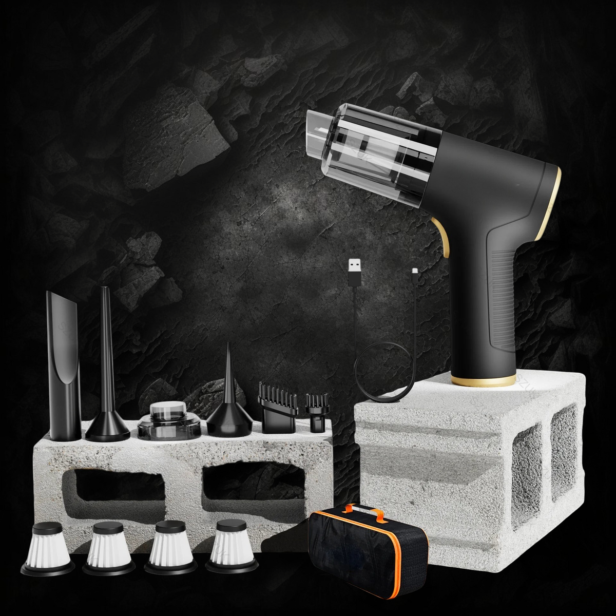 Aspirateur portable sans fil Veloria noir avec accessoires, filtres et sac de transport pour voiture et maison