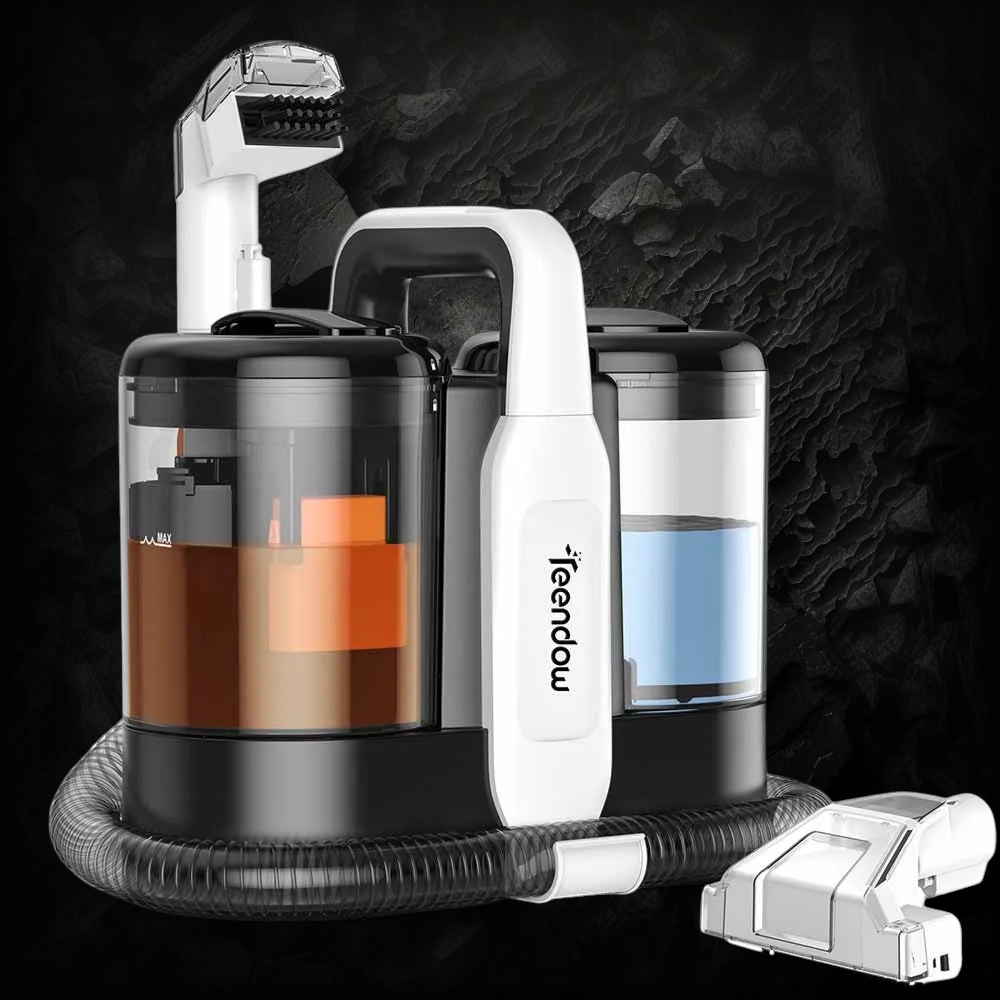 Aspirateur laveur portable Veloria Teendow C5 noir et blanc avec double réservoir, brosses et détergent pour tissus