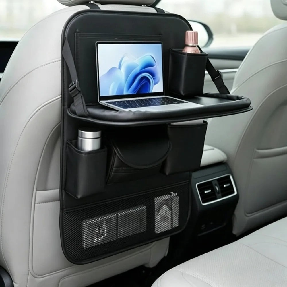 Organiseur de siège arrière Veloria en simili cuir noir avec tablette pliable, porte-gobelets et poches de rangement