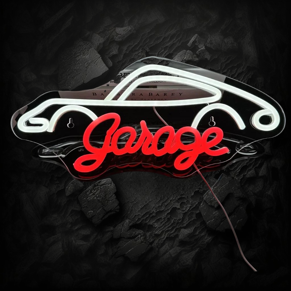Enseigne néon LED Veloria en forme de voiture avec inscription Garage en rouge et contour blanc pour décoration murale