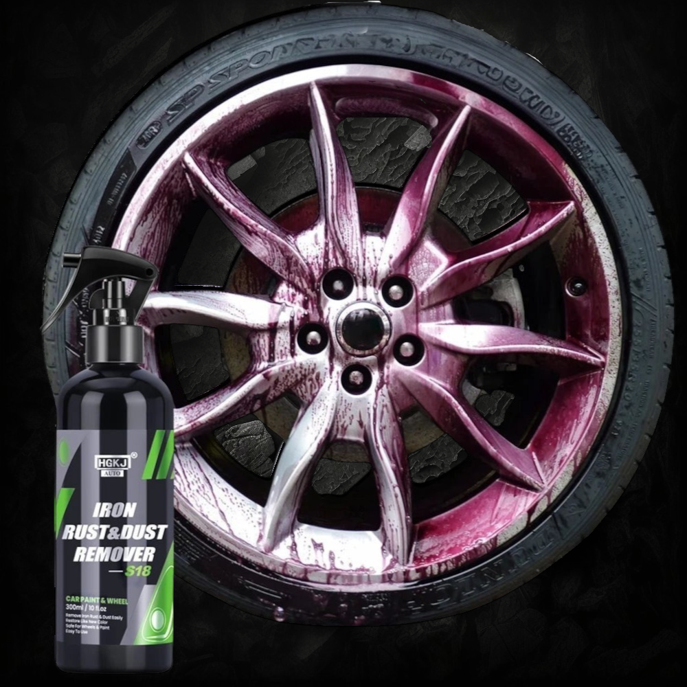 Flacon de spray décontaminant ferreux Veloria HGKJ S18 devant une jante de voiture couverte de produit violet réactif