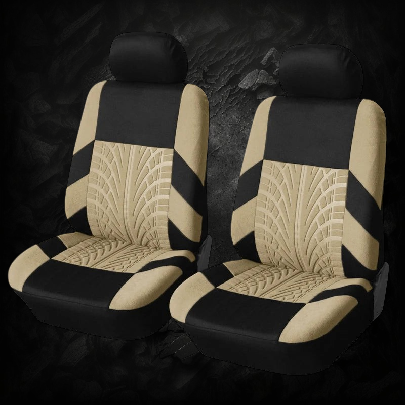 Housses de siège auto universelles Veloria en tissu respirant beige et noir avec motif pneu sportif pour sièges avant
