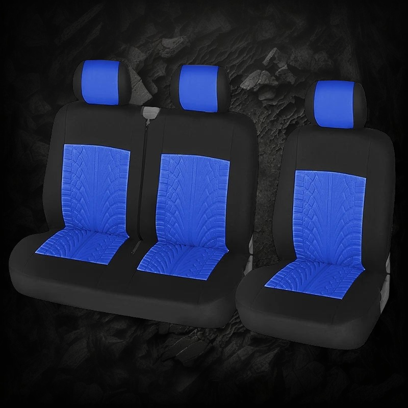 Housses de siège auto Veloria universelles en tissu respirant noir et bleu avec motif pneu sportif pour habitacle