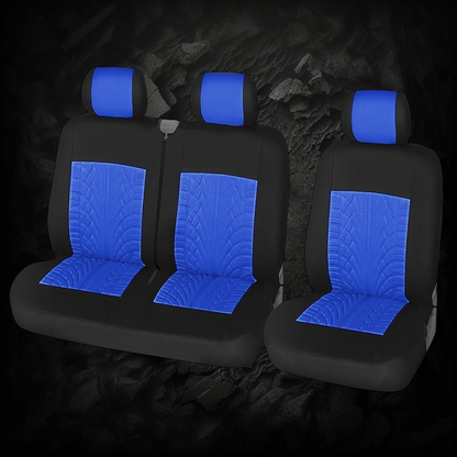 Housses de siège auto Veloria universelles en tissu respirant noir et bleu avec motif pneu sportif pour habitacle