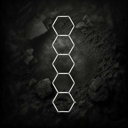 Schéma technique du luminaire LED hexagonal Veloria avec dimensions, connecteurs en Y, en V et kit de vis inclus.