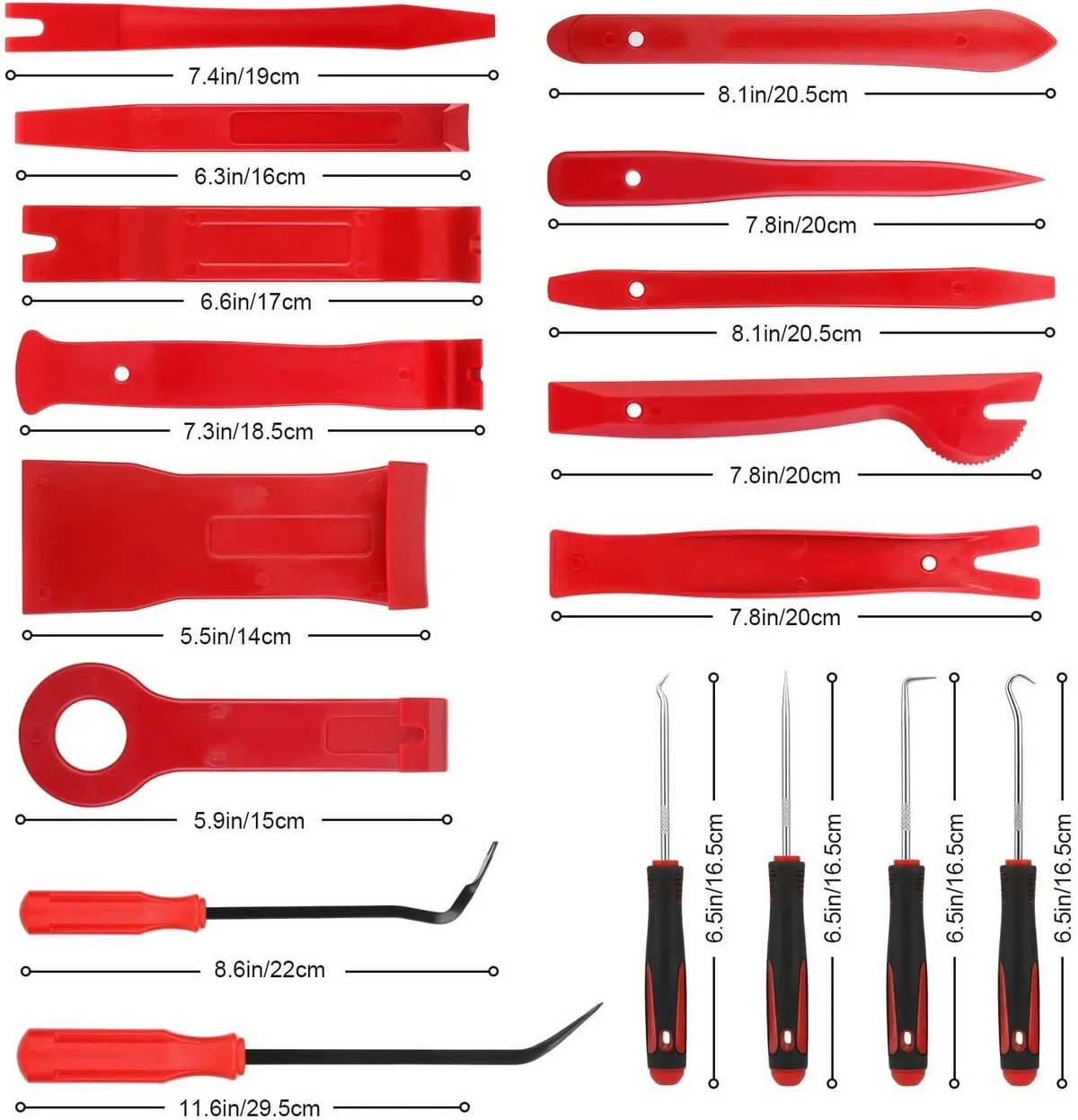 Kit de 38 outils de démontage Veloria rouges en plastique anti-rayures pour garnitures, clips et panneaux de porte auto