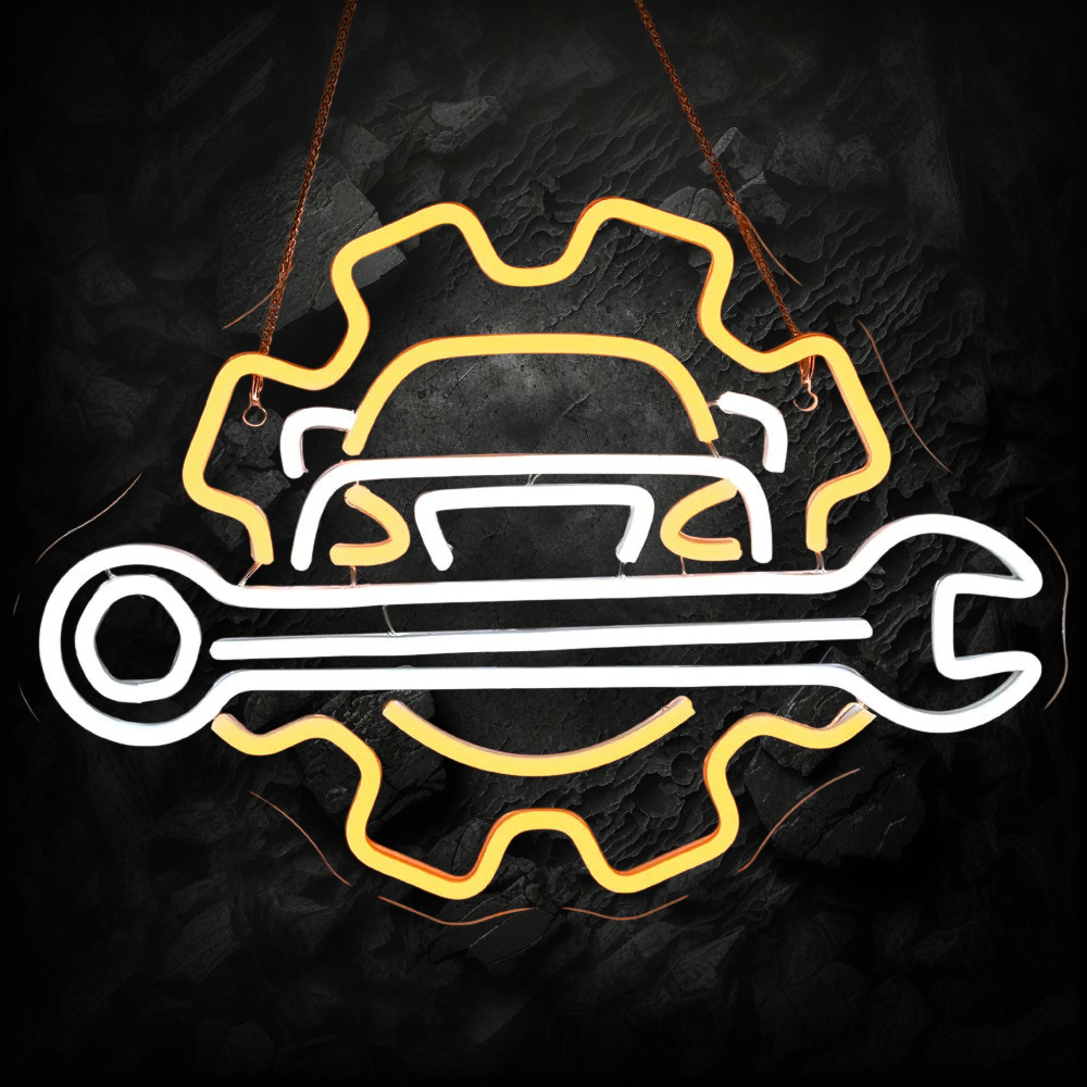Enseigne néon LED Veloria Check Engine jaune et blanc sur support acrylique pour décoration de garage ou atelier