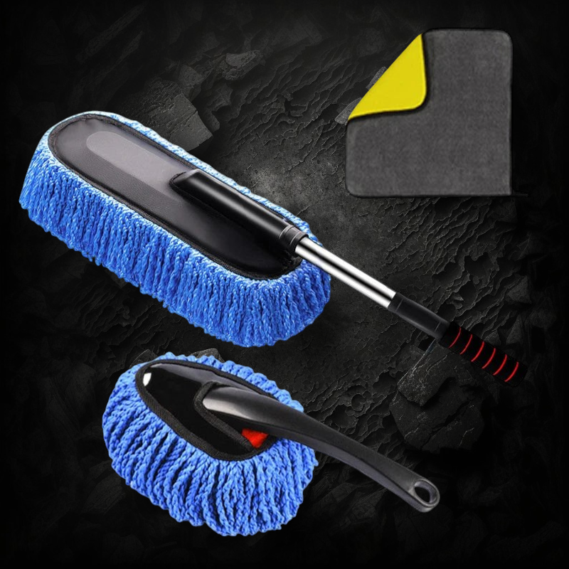 Kit de nettoyage auto Veloria avec balai télescopique, brosse ronde et chiffon microfibre bleu pour carrosserie