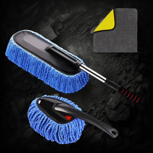 Kit de nettoyage auto Veloria avec balai télescopique, brosse ronde et chiffon microfibre bleu pour carrosserie