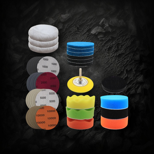 Kit de polissage Veloria 41 pièces avec disques abrasifs, tampons mousse et laine pour perceuse, idéal carrosserie