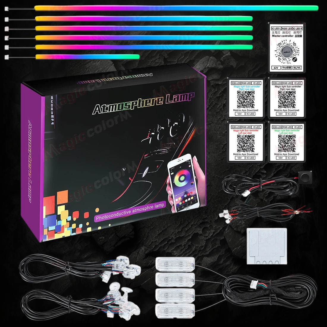 Kit d'ambiance LED 18 en 1 Veloria avec bandes acryliques RGB, boîtiers de contrôle et accessoires pour voiture