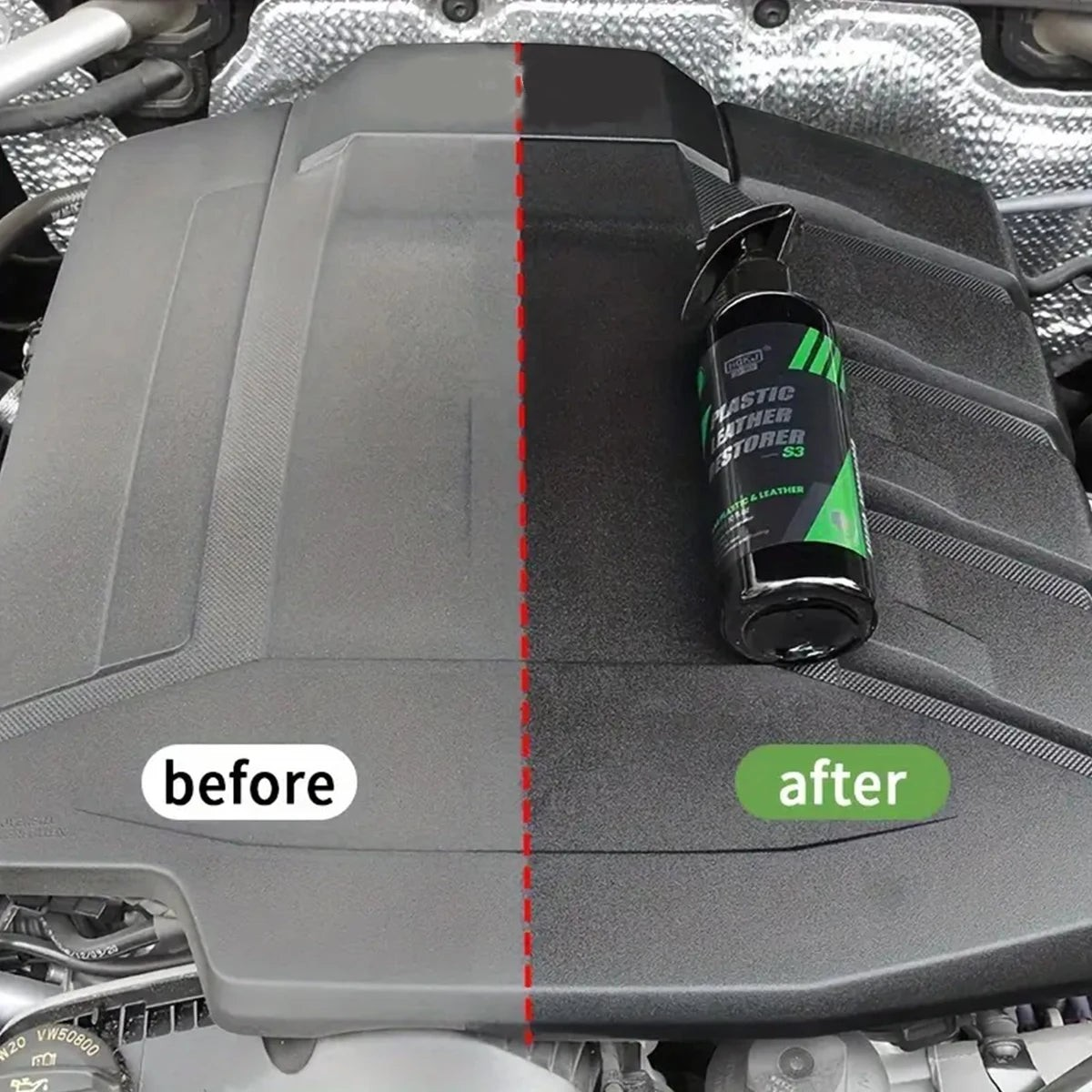 Comparaison avant et après l'utilisation du spray restaurateur Veloria HGKJ S3 sur un cache moteur en plastique noir.