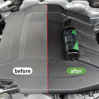 Comparaison avant et après l'utilisation du spray restaurateur Veloria HGKJ S3 sur un cache moteur en plastique noir.