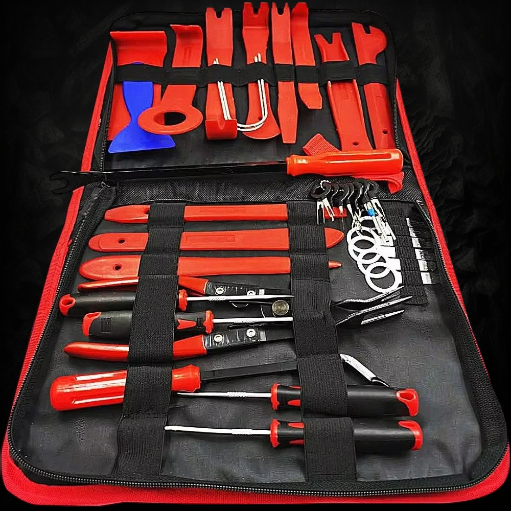 Kit de 38 outils de démontage Veloria pour garnitures auto, clips et panneaux de porte en plastique rouge et noir