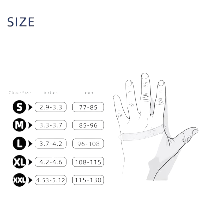 Guide des tailles Veloria pour gants jetables en nitrile avec illustration de la largeur de la paume en mm et pouces