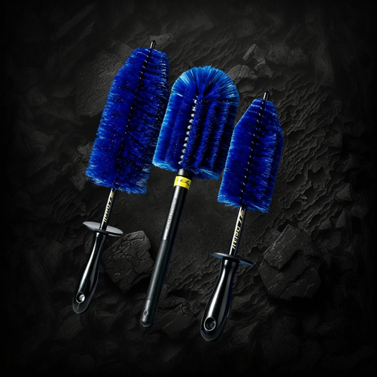 Lot de 3 brosses Veloria à poils bleus en nylon souple et manche long pour le nettoyage des jantes et pneus de voiture