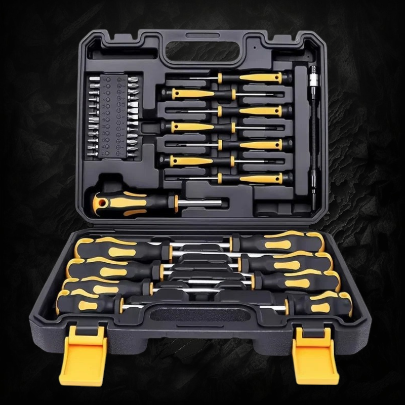 Kit de 43 tournevis magnétiques Veloria en acier chrome-vanadium avec manches ergonomiques dans une mallette rigide.