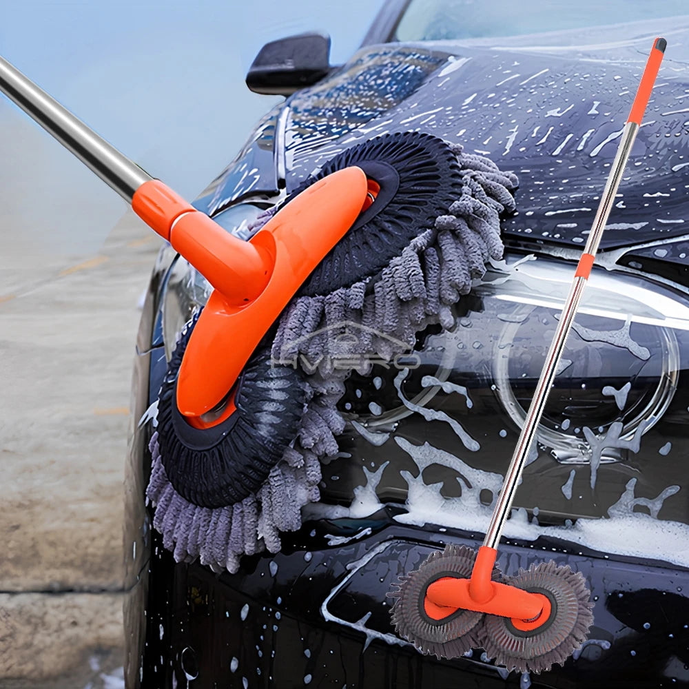 Kit de lavage auto Veloria avec brosse microfibre rotative 360° et manche extensible, vue d'ensemble des accessoires