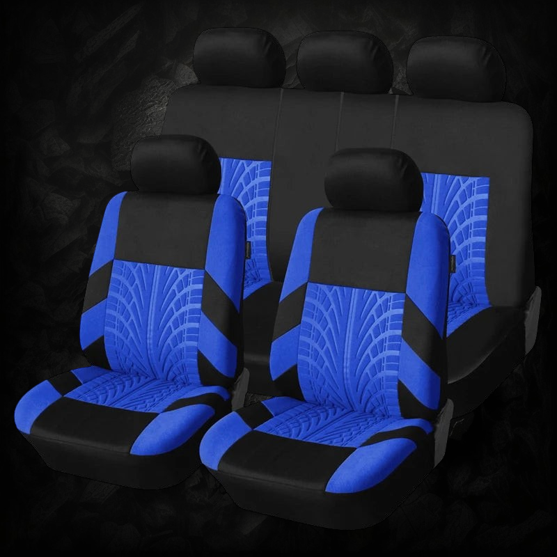 Lot de housses de siège auto universelles Veloria bleu et noir en tissu respirant avec motif pneu sportif