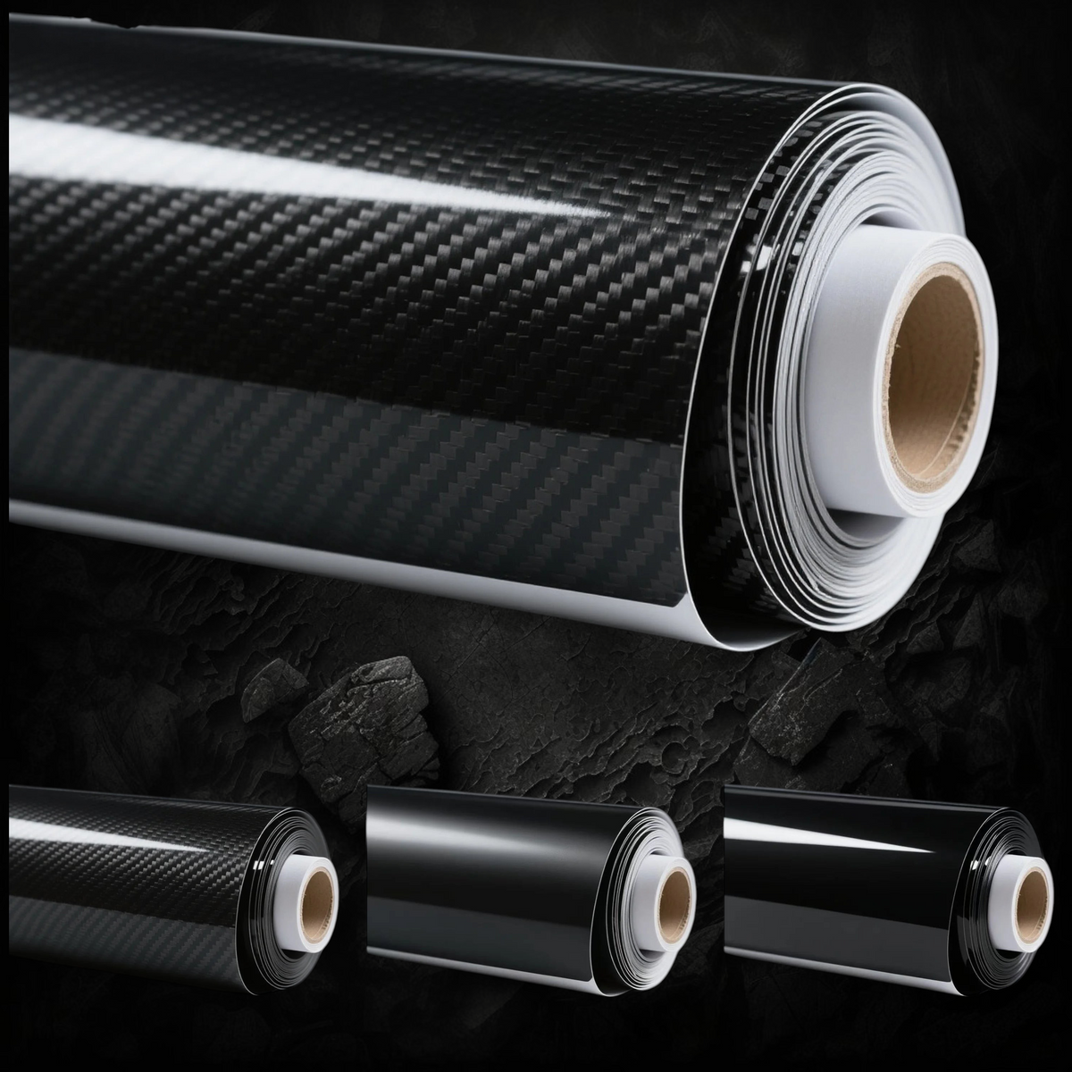 Rouleau de film vinyle carbone Veloria pour covering auto et moto, disponible en finitions 3D, 4D, 5D et 6D.