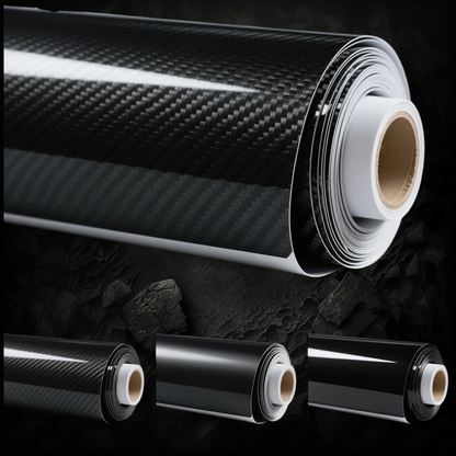 Rouleau de film vinyle carbone Veloria pour covering auto et moto, disponible en finitions 3D, 4D, 5D et 6D.