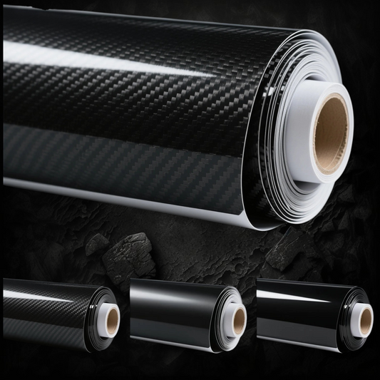 Rouleau de film vinyle carbone Veloria pour covering auto et moto, disponible en finitions 3D, 4D, 5D et 6D.