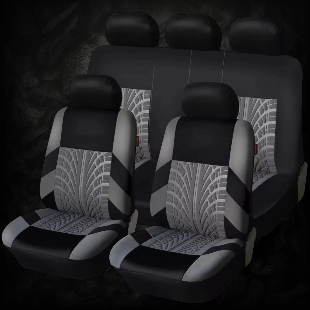 Lot de housses de siège auto universelles Veloria en tissu respirant gris et noir avec motif pneu sportif