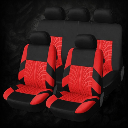 Housses de siège auto universelles Veloria rouges et noires avec motif pneu sportif en tissu respirant