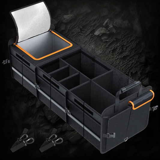 Organiseur de coffre Veloria 115L noir pliable avec compartiments ajustables et sac isotherme intégré