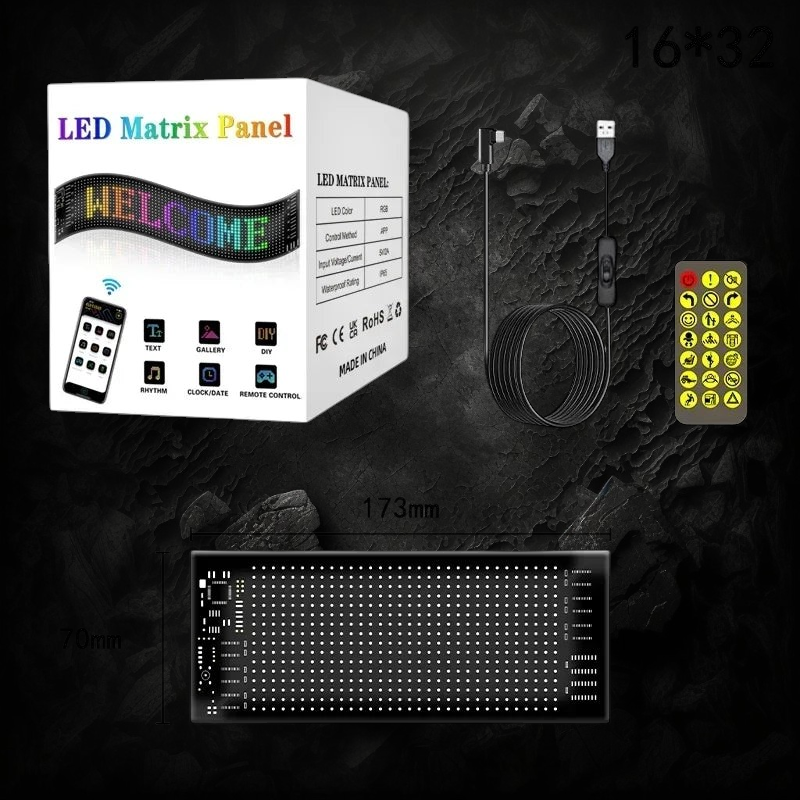 Panneau LED matriciel flexible Veloria 16x32 pixels RGB avec télécommande, contrôleur USB et dimensions 17x7 cm