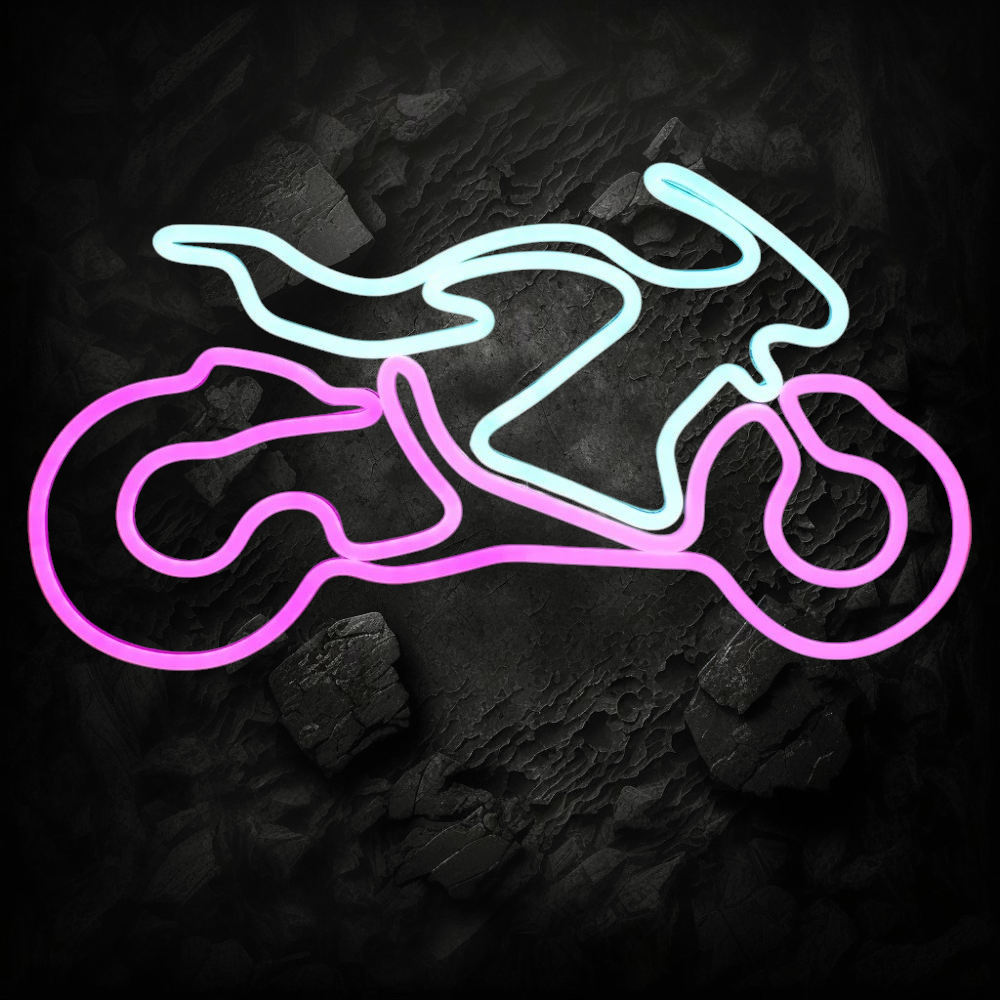 Enseigne néon LED Veloria en forme de moto, aux couleurs bleu glacier et rose, idéale pour une décoration murale.