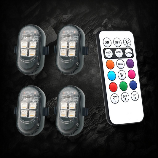 Kit Veloria de 4 modules LED RGB rechargeables avec boîtier fumé et télécommande infrarouge 21 touches pour voiture