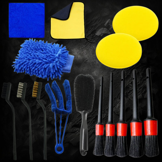Kit de nettoyage auto Veloria 15 pièces comprenant brosses, gant microfibre, éponges et chiffons pour detailing
