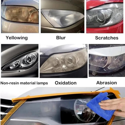 Comparaison avant après de phares de voiture jaunis et rayés restaurés avec le kit Veloria par fumigation chimique