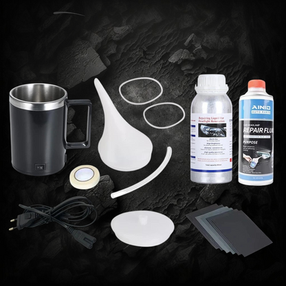 Kit de restauration de phares Veloria avec tasse chauffante, liquide de réparation AINID, abrasifs et accessoires.