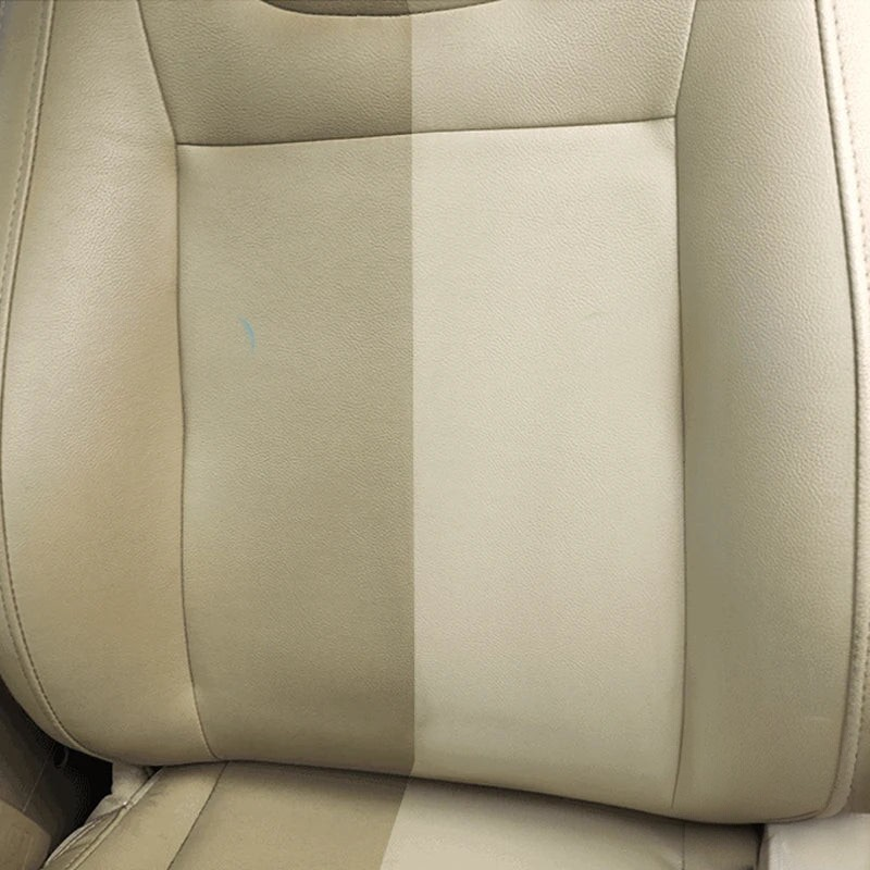 Comparaison avant après du nettoyage d'un siège auto en cuir beige avec le nettoyant Veloria HGKJ S21