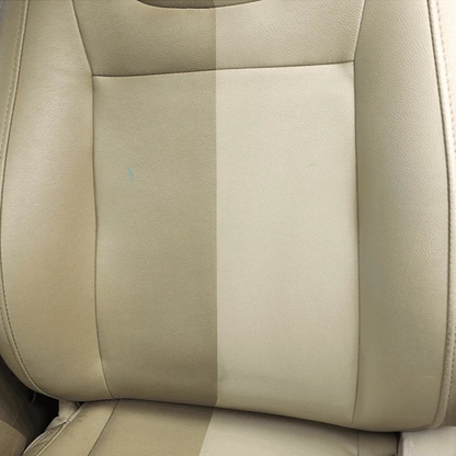 Comparaison avant après du nettoyage d'un siège auto en cuir beige avec le nettoyant Veloria HGKJ S21
