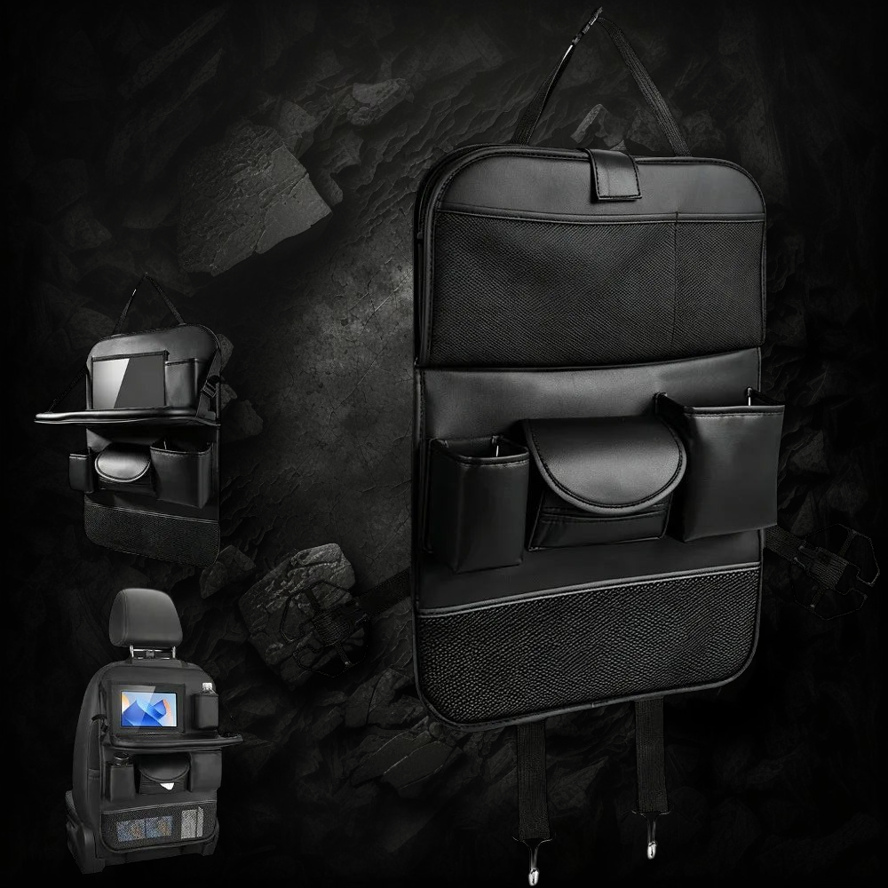 Organiseur de siège arrière Veloria en simili cuir noir avec tablette pliable, porte-gobelets et poches de rangement