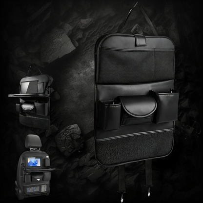 Organiseur de siège arrière Veloria en simili cuir noir avec tablette pliable, porte-gobelets et poches de rangement