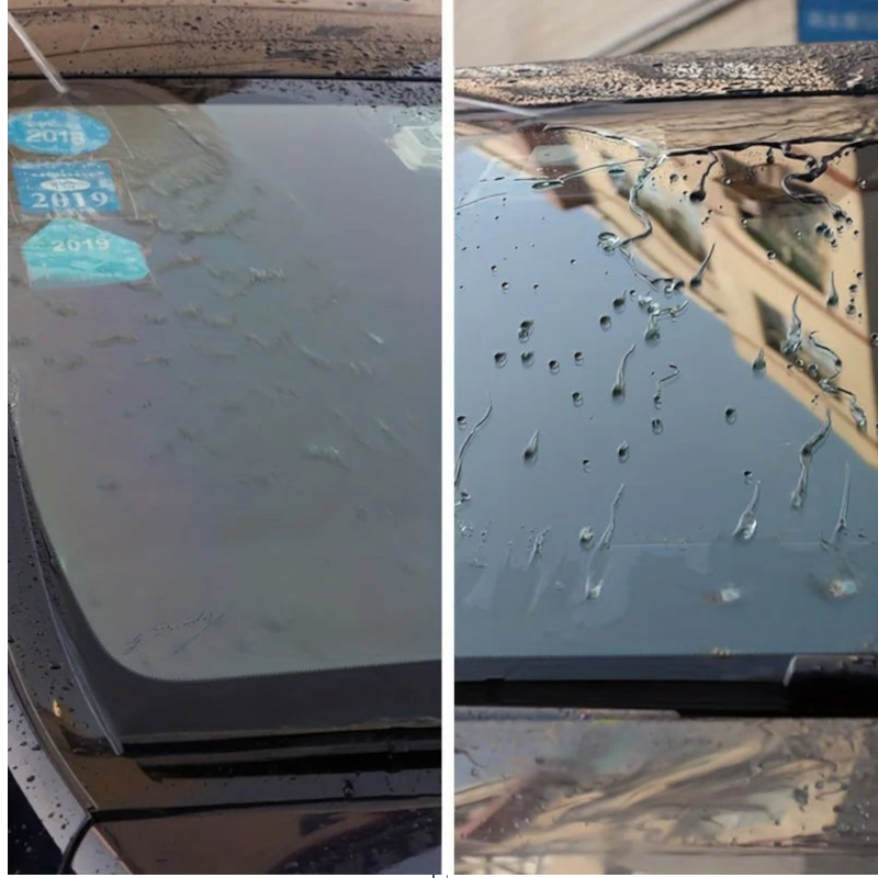 Comparaison avant et après l'application du spray hydrophobe Veloria sur un pare-brise de voiture sous la pluie