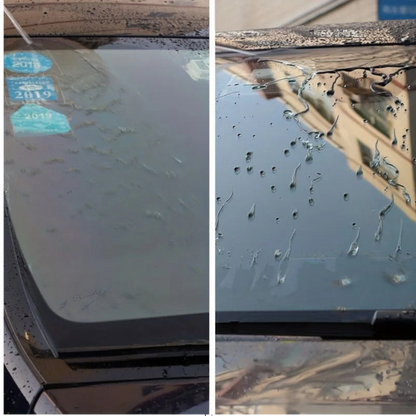 Comparaison avant et après l'application du spray hydrophobe Veloria sur un pare-brise de voiture sous la pluie