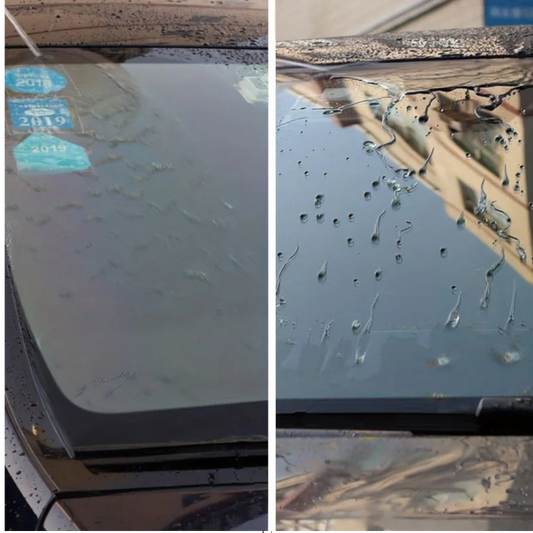 Comparaison avant et après l'application du spray hydrophobe Veloria sur un pare-brise de voiture sous la pluie