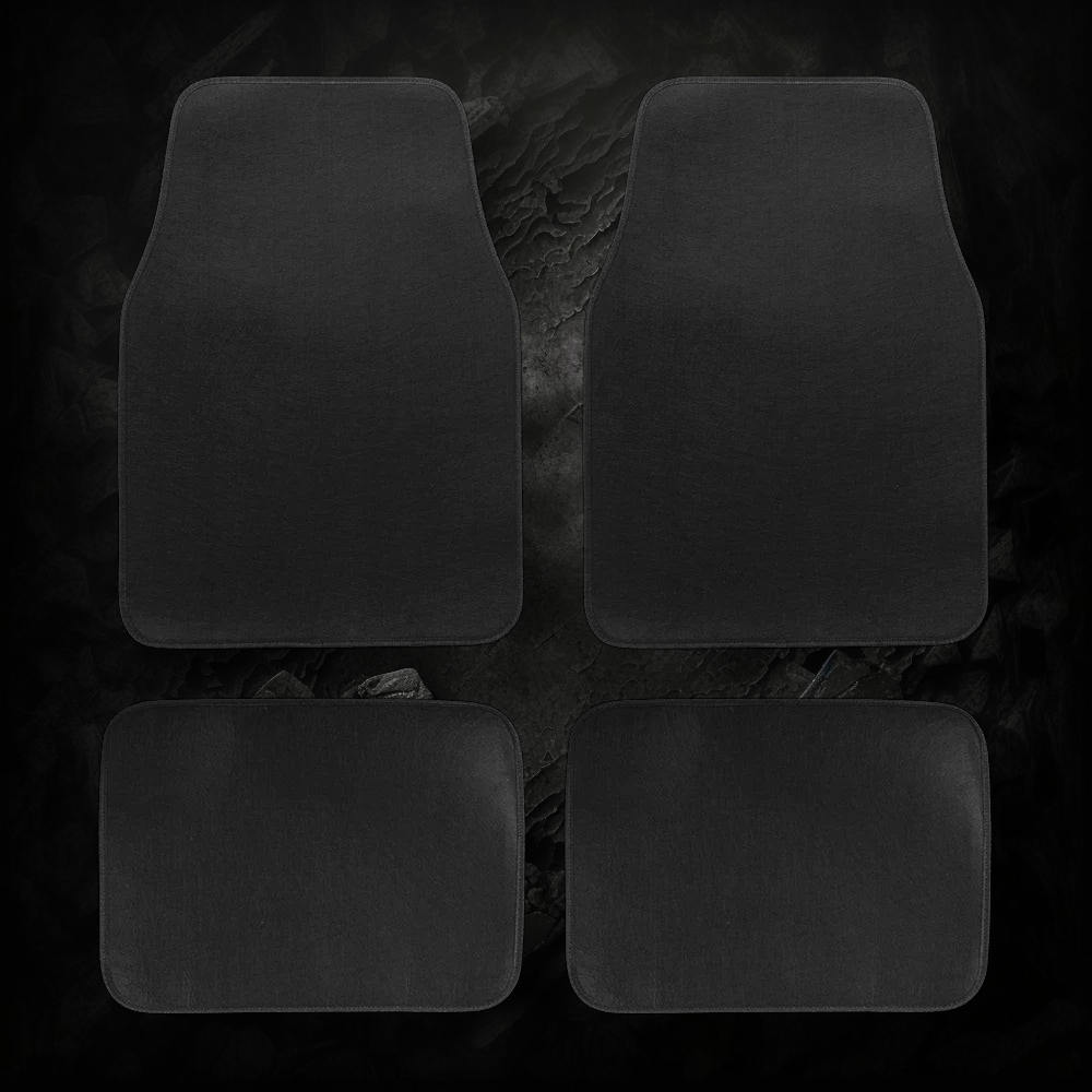 Set de 4 tapis de sol universels Veloria en moquette noire pour voiture, incluant deux tapis avant et deux arrière.