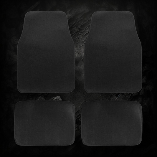 Set de 4 tapis de sol universels Veloria en moquette noire pour voiture, incluant deux tapis avant et deux arrière.